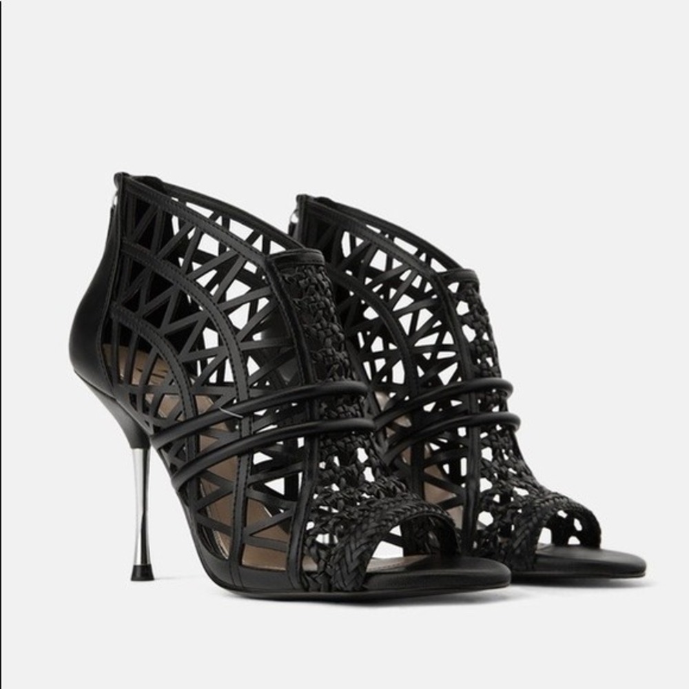 Zara Black‎ Cage Cutout Woven Geometric Stiletto Heel Sandals 38 7.5 NEW